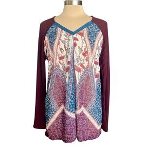 Weekend Suzanne Betro Mixed Media Waffle Weave Chiffon Top Sz XL Burgundy Floral